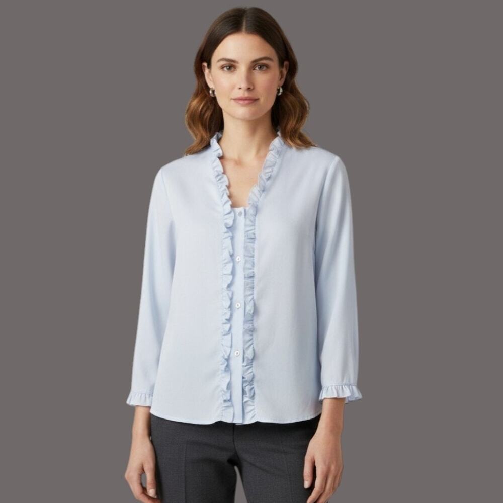 Vintage Clovis Ruffin Womens Sz XL Gray Ruffle Trim Blouse Office Casual Prairie